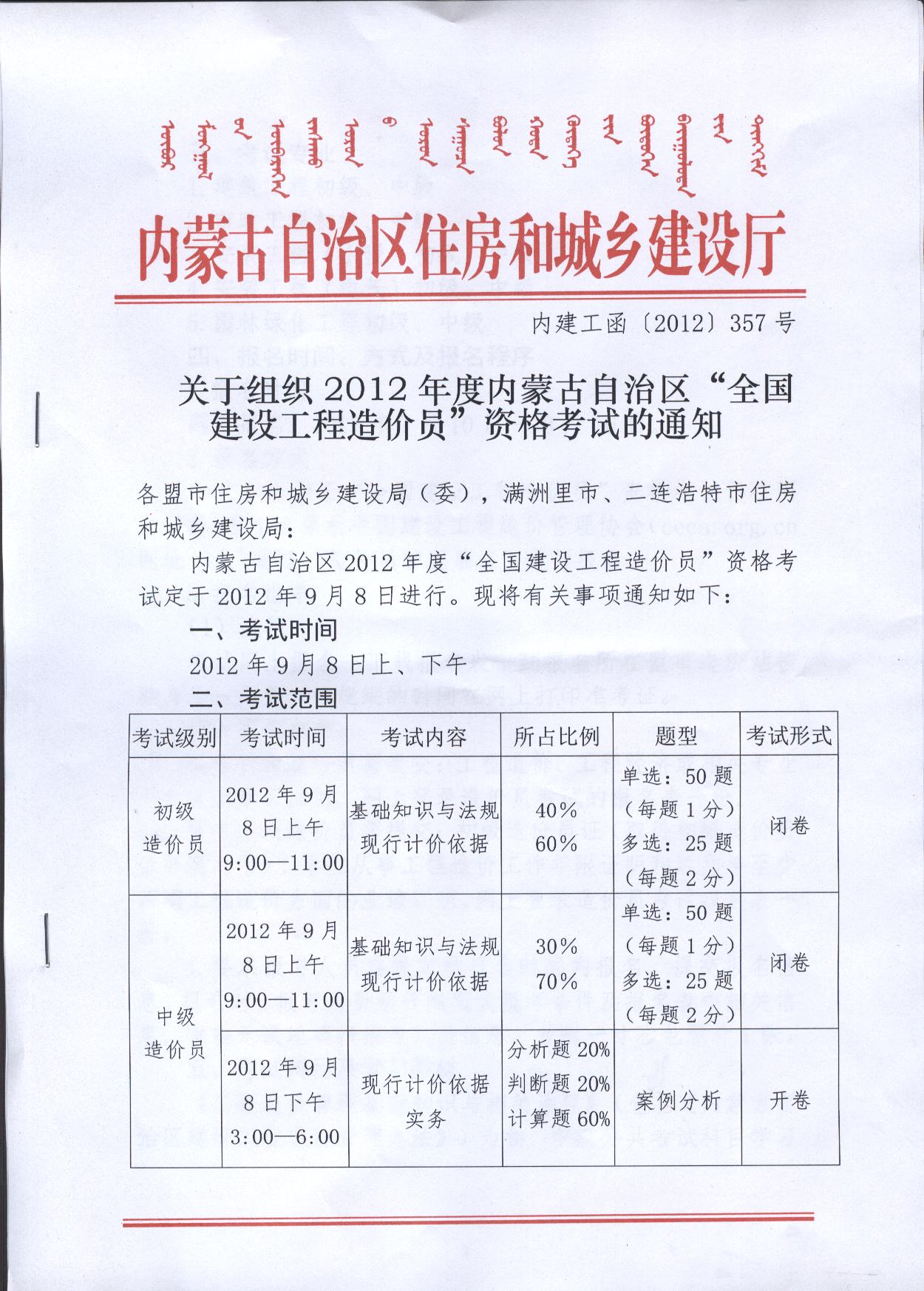 內(nèi)蒙古2012年造價(jià)員考試報(bào)名